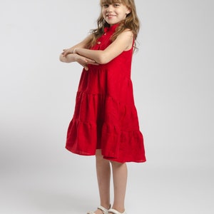 Red Linen Sleeveless Puffy Ruffles Dress For Girl, Christmas Dress, Birthday Dress, Children Clothing, Gift for daughter, loose fit dress image 7