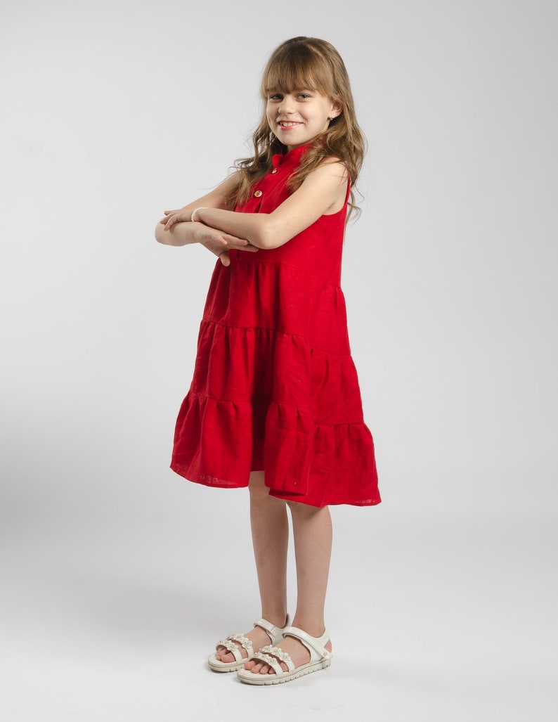 Red Linen Sleeveless Puffy Ruffles Dress For Girl, Christmas Dress, Birthday Dress, Children Clothing, Gift for daughter, loose fit dress image 7