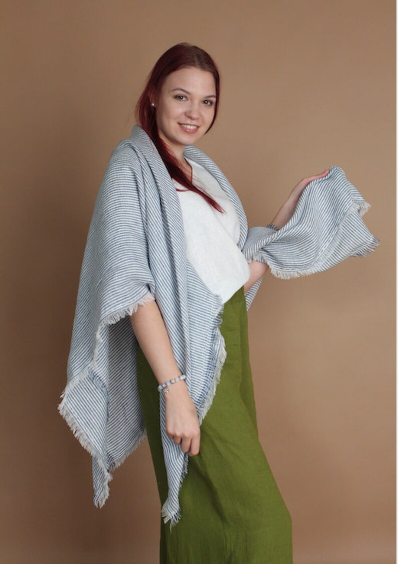 BLUE Striped Softened Linen shawl/scarf, Natural Lightweight Linen, Prewashed Linen Wrap, Unisex Scarf, large Shawl, Gift Idea, Accessories image 5