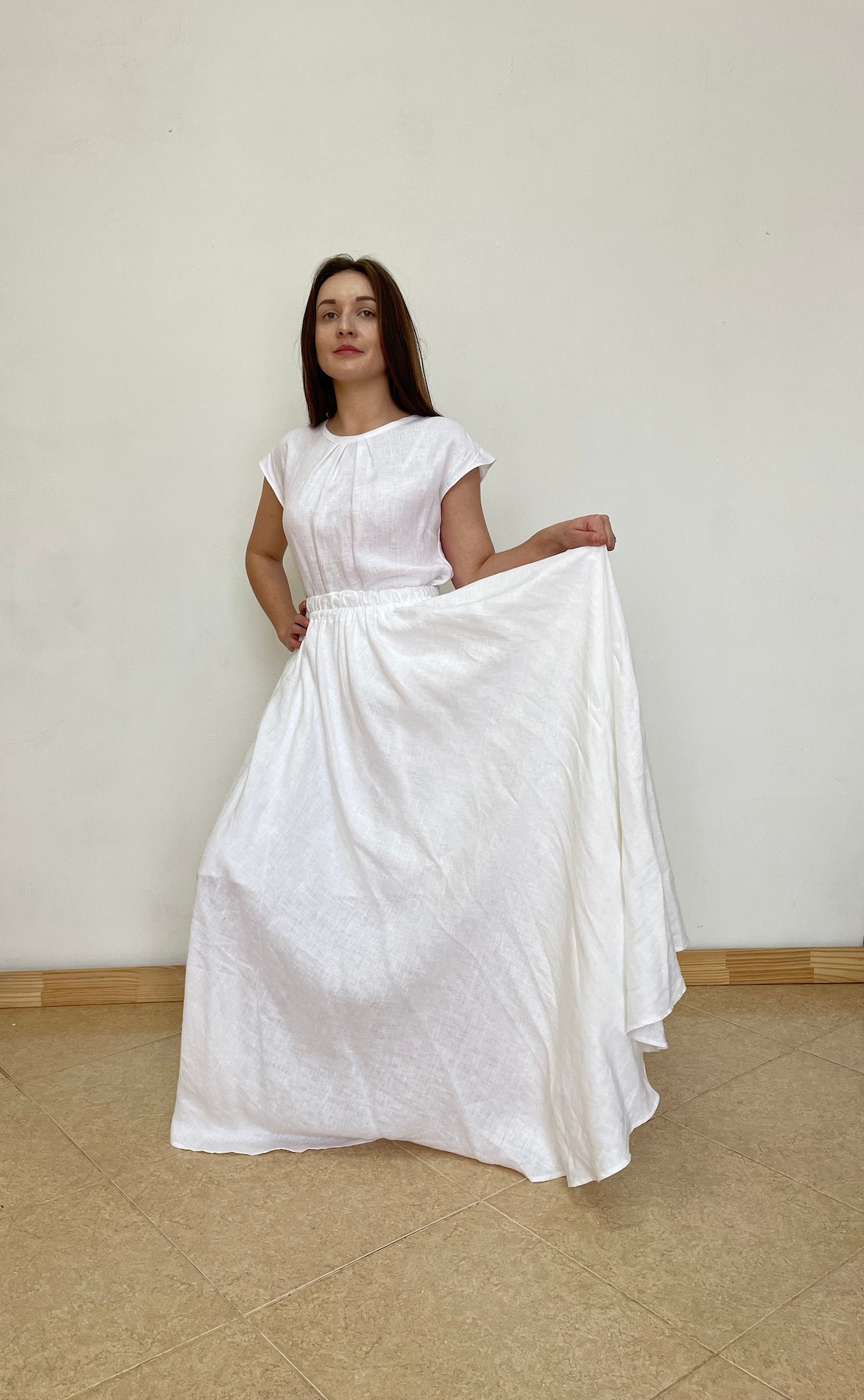 WHITE Linen Maxi Skirt With Inner Pockets Long Flowy Skirt Etsy