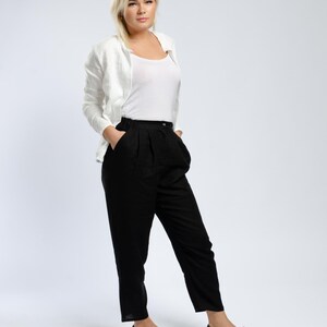 Linen black classic pants with zipper and side pockets, high waisted pants with elastic waistband at the back, comfortable pleated trousers image 2