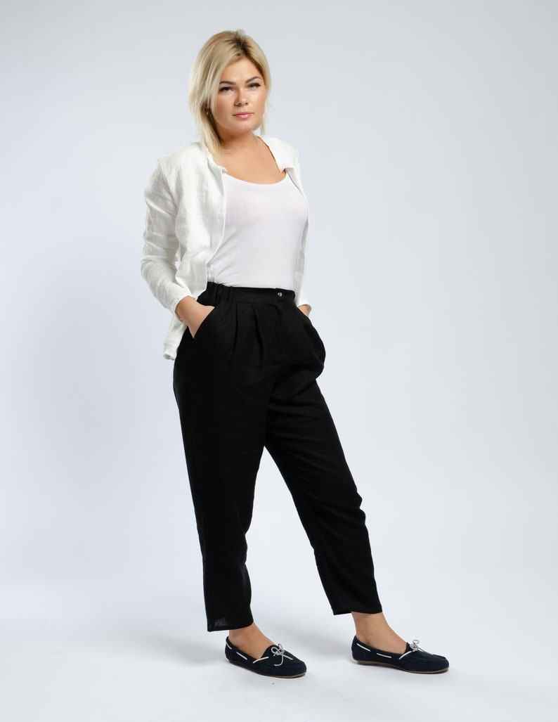 Linen black classic pants with zipper and side pockets, high waisted pants with elastic waistband at the back, comfortable pleated trousers image 2