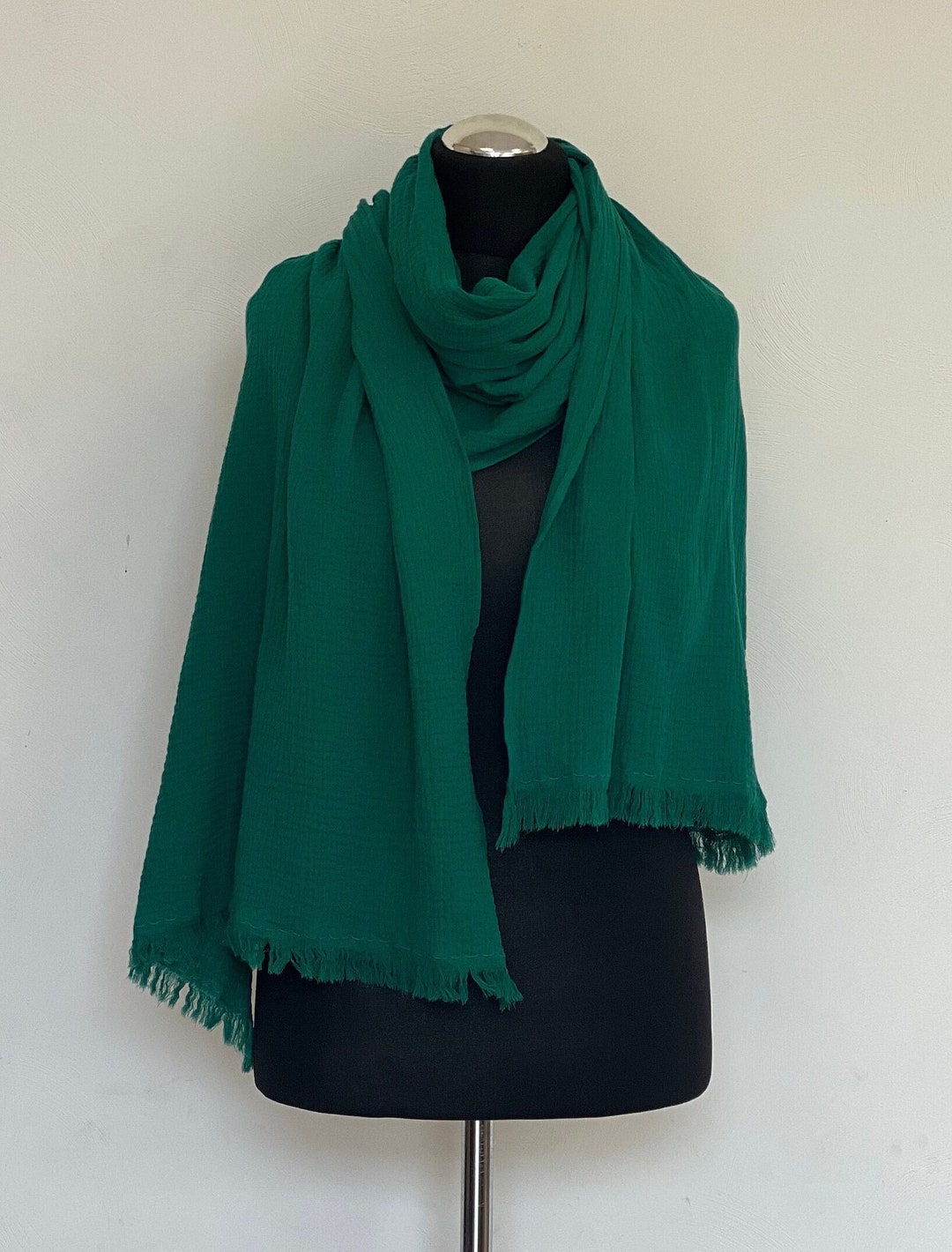 Green Cottonmuslin Scarf for Women, Long Muslin Scarf, Wide Scarf