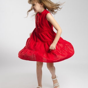 Red Linen Sleeveless Puffy Ruffles Dress For Girl, Christmas Dress, Birthday Dress, Children Clothing, Gift for daughter, loose fit dress image 6