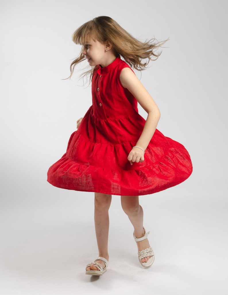 Red Linen Sleeveless Puffy Ruffles Dress For Girl, Christmas Dress, Birthday Dress, Children Clothing, Gift for daughter, loose fit dress image 6
