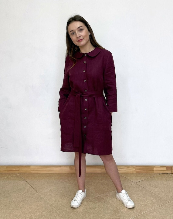 burgundy shirt dress outfit OLIVIA Linen Marsala Colour Shirt-dress With Pockets and Belt for Women,  Linen Tunic, Women Clothes, Official Outfit, Elegant Long Shirt