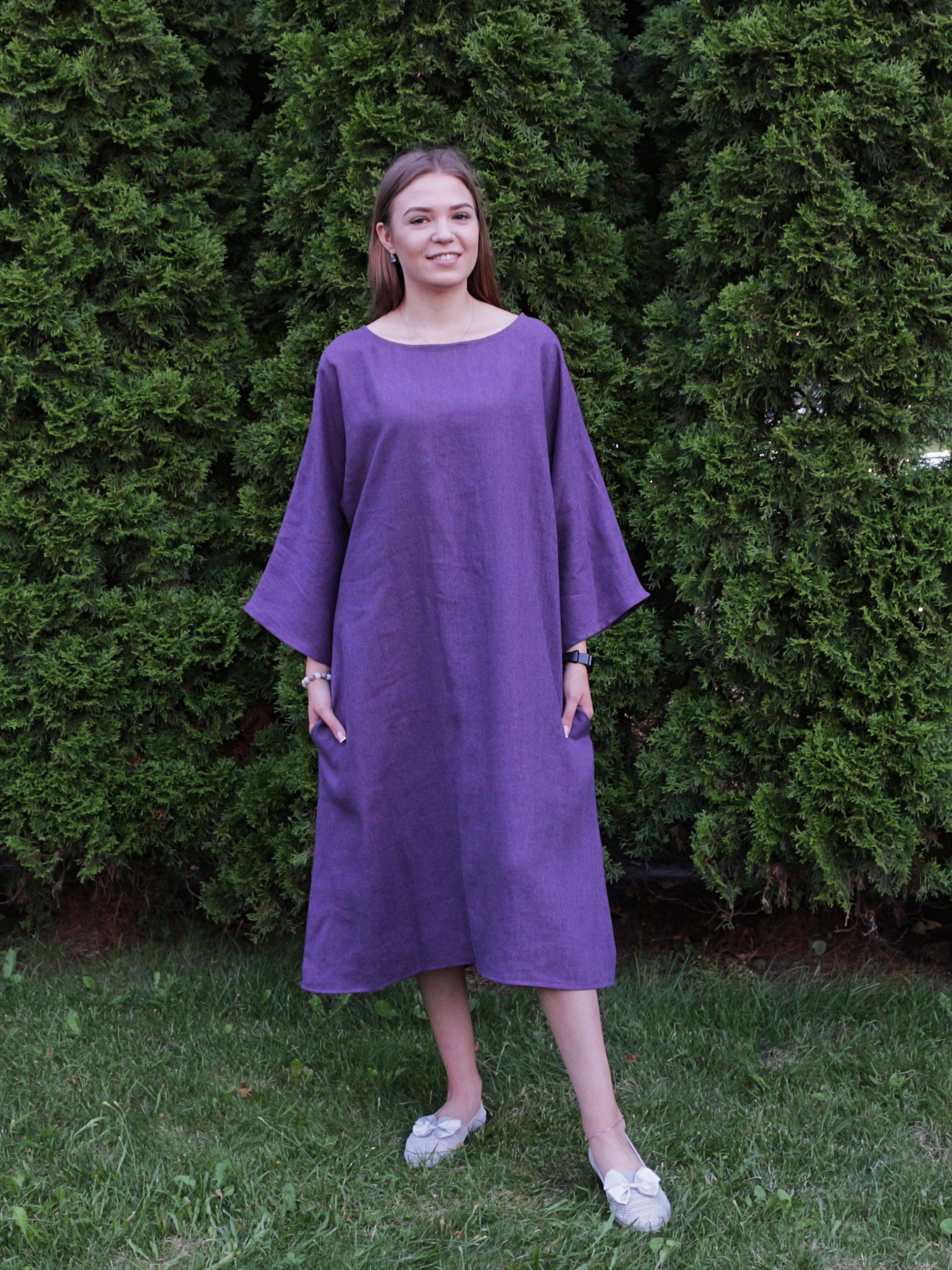 ELSIE Oversized Linen Kimono Sleeve Dress With Obi Belt for