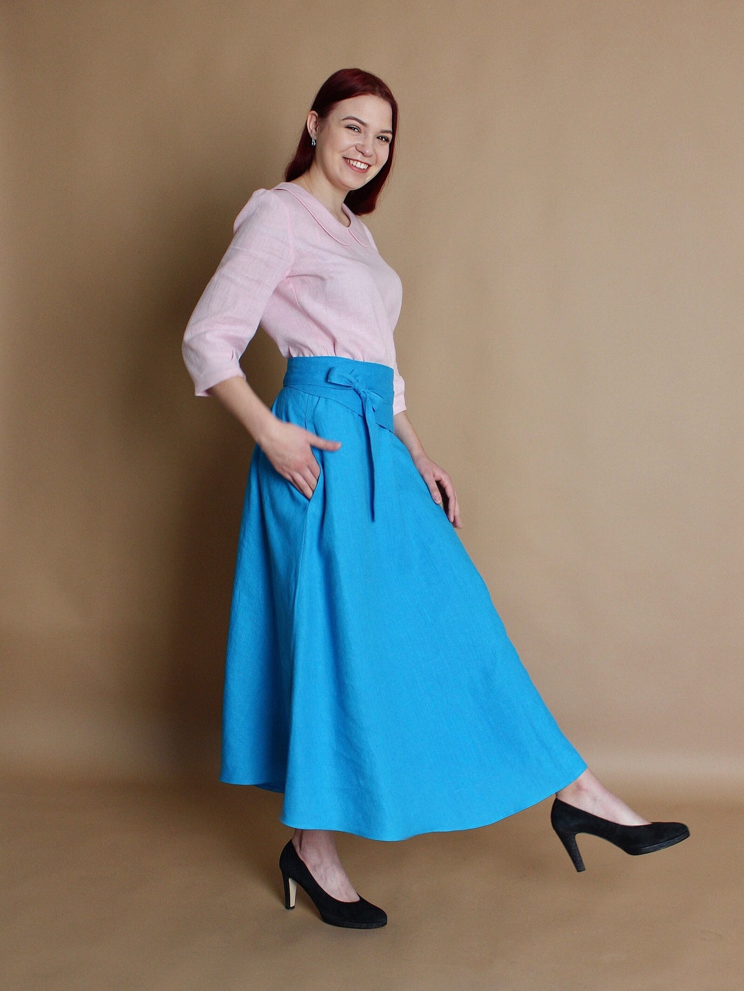 Linen Maxi Skirt With Obi Belt and Pockets Long Flowy Skirt Etsy