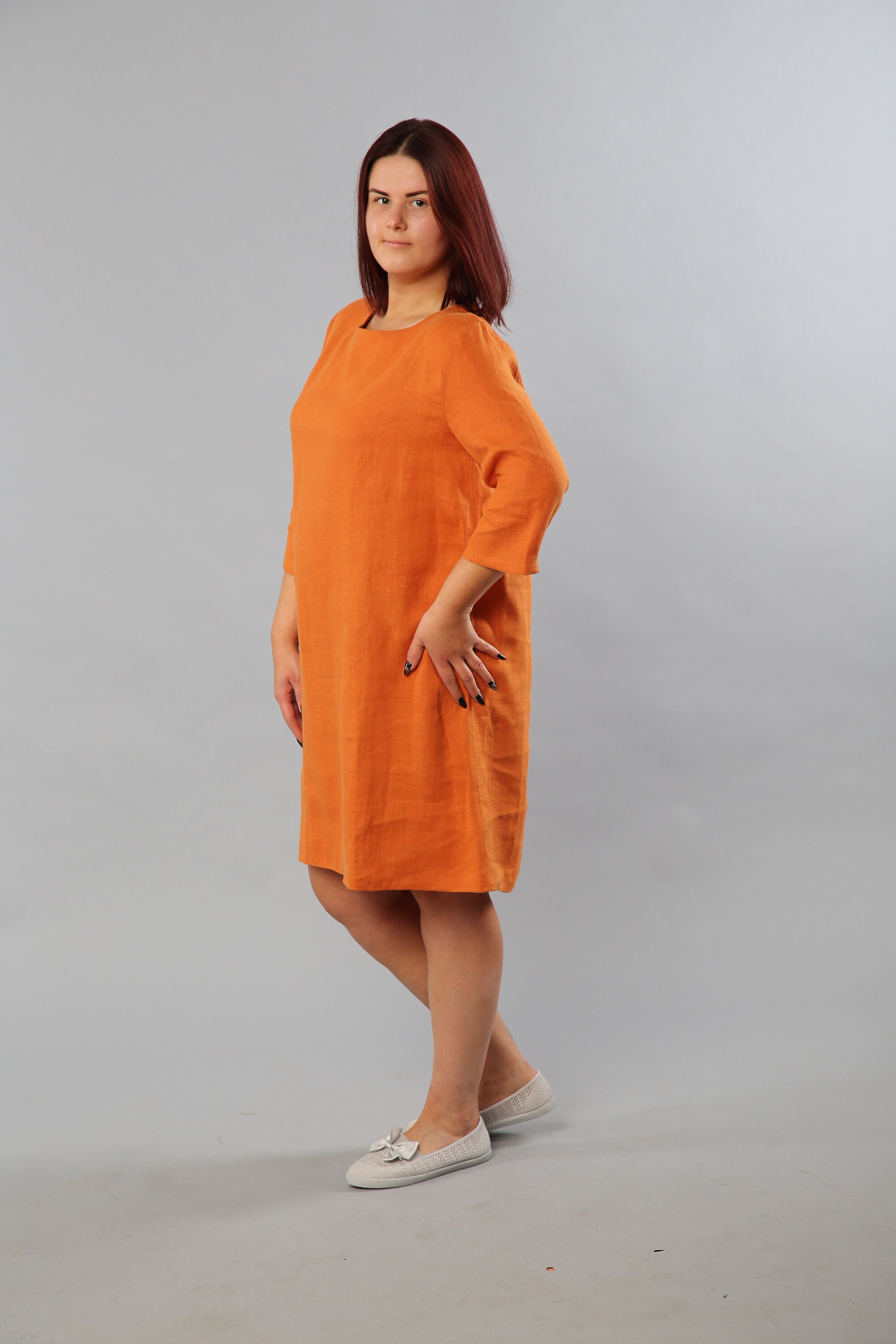 Women Orange Linen Dress Loose Dress with Long Sleeve Long Etsy