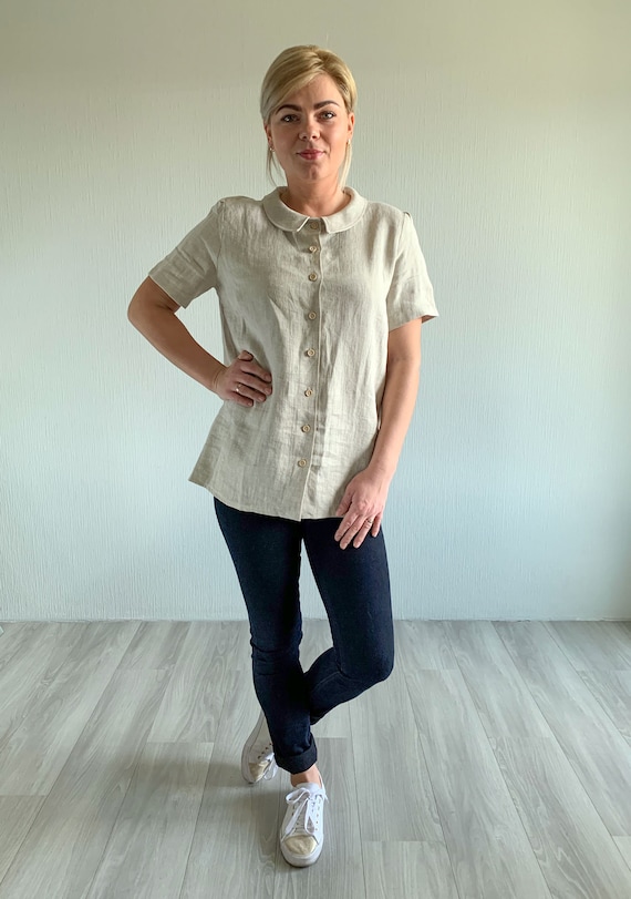 Linen Shirt for Women, Short Sleeve Linen Blouse, Loose Fit Linen Top, Summer Linen Shirt, Handmade Linen Clothing, Minimalist Linen Blouse