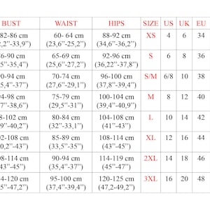 May include: Size chart for clothing with measurements in inches and centimeters. The chart shows bust, waist, hip measurements in both inches and centimeters, along with corresponding US, UK, EU, and IT sizes.