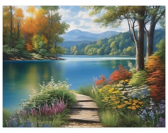 Könnte beinhalten: Ein ruhiges Landschaftsgemälde zeigt einen ruhigen blauen See, umgeben von üppigem Grün und farbenfrohen Bäumen. Ein Holzsteg führt zum Wasser, mit leuchtenden Blumen und Pflanzen am Ufer. Berge sind in der Ferne unter einem teilweise bewölkten Himmel zu sehen.