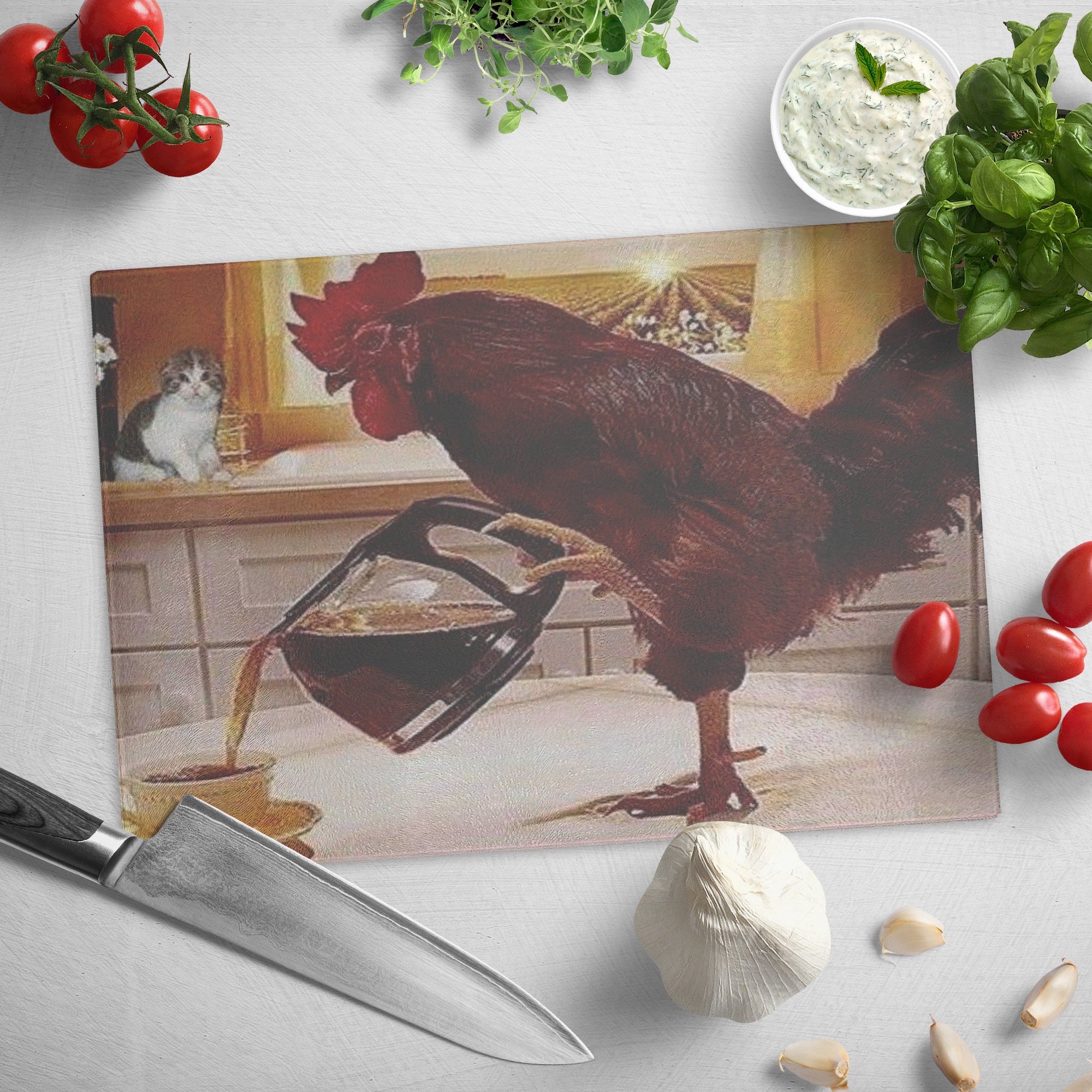 Rooster pouring coffee glass cutting board Etsy