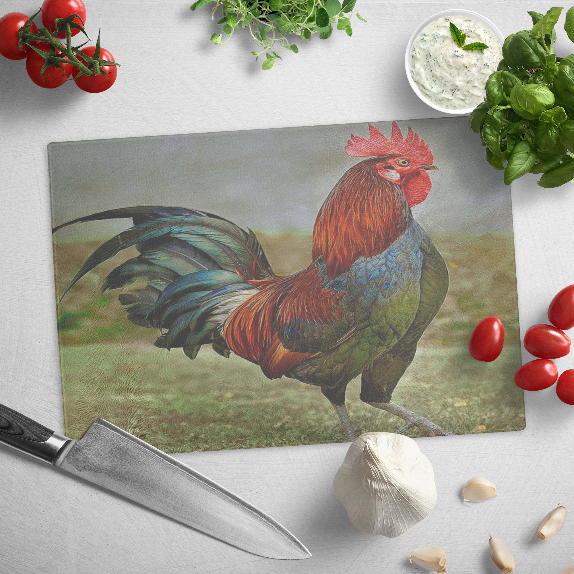 Red Rooster Glass Cutting Board Etsy