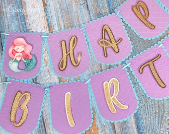 Birthday, Mermaid Wall Banner, Under the Sea Party Decorations. Happy Birthday Banner, Little Mermaid Theme Party