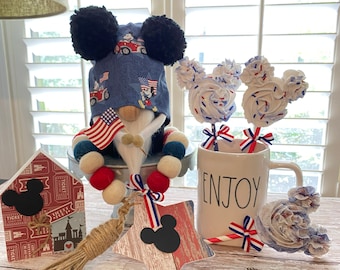 Patriotic Disney Inspired Mickey* Summer* 4thOfJuly*TieredTrayDecor*WoodGarland*SummerDecor*MickeyEars*HandmadeGnome*