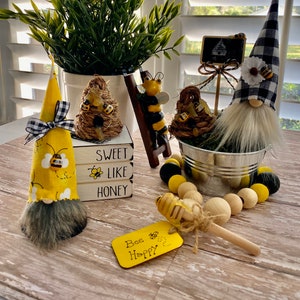 Bee Happy Mini Gnomes & Garland * Tiered Tray Accessories*Summer*Spring*Farmhouse*Beehive*Honey Dippers