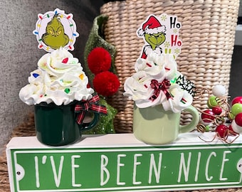 Grinch Inspired Ceramic Mini Mugs *WinterDecor*FauxWhip*ChristmasGift*Handmade*HousewarmingGift*GrinchDecor*TieredTrayDecor*Naugthy*
