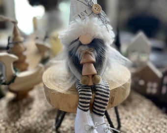 White And Grey Santa Gnome*Joy*WoodTree*ChristmasDeco*RusticGnome*WinterDecor*CuteGift*HousewarmingGift*MiniTree*HolidayGnome*GreyBeard