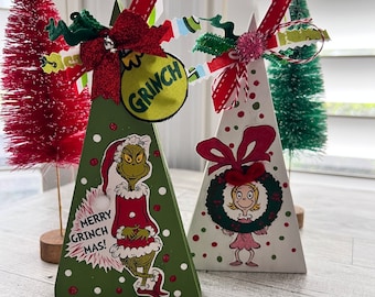 Grinch Inspired Christmas Tree Set*ChristmasDecor*GrinchDecor*HandmadeGift*WoodTree*ChristmasGift*TieredTrayDecor*GrinchForTrays*