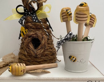 Bee Happy! Bucket with Three Honey Dippers ,Honey Dipper*SummerDecor*BeeDecor*TieredTrayAccesories*Farmhouse*KitchenDecor*RaeDunn*Bumblebee