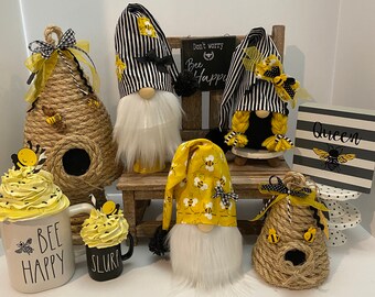 Bee Happy!! Spring Gnome!!*BeeDecor*SummerDecor*FarmhouseDecor*BeeHive*Handmade*BeeSkept*BeeGnome*TieredTrayDecor*SpringDecor*