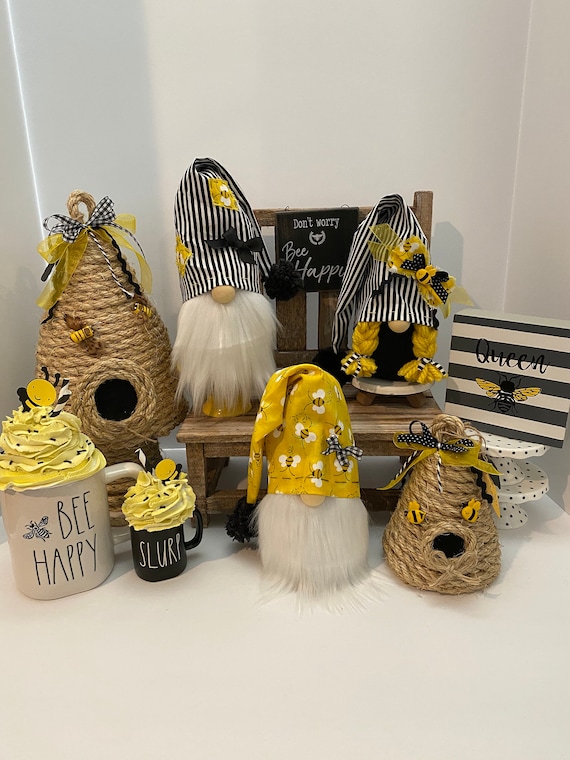 Bee Happy!! Spring Gnome!!*BeeDecor*SummerDecor*FarmhouseDecor*BeeHive*Handmade*BeeSkept*BeeGnome*TieredTrayDecor*SpringDecor*