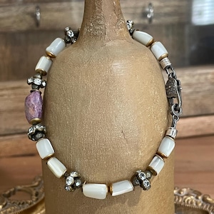 Handcrafted Beaded Bracelet with an Eclectic Mix of Ruby, Aged Rhinestones, Repurposed Vintage Rosary Beads, and a Diamond Clasp