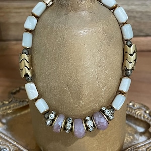 Handcrafted Beaded Bracelet with an Eclectic Mix of Moonstone, Aged Rhinestones, and Repurposed Vintage Rosary Beads