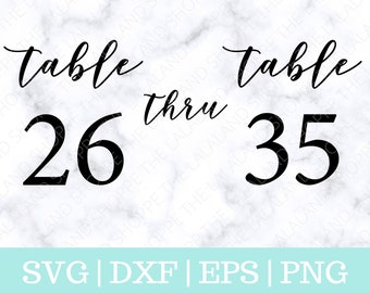 May include: Black and white printable table number sign with the text "Table 26 thru 35" on a marble background.