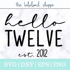 Pode incluir: Um design digital com o texto "Hello Twelve" em escrita cursiva sobre a palavra "TWELVE" em negrito. Abaixo está "est. 2012". O design inclui opções de tipo de arquivo: SVG, DXF, EPS e PNG. O fundo é um padrão de mármore.