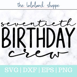 May include: Black and white graphic design with the text "seventieth birthday crew" on a marble background.