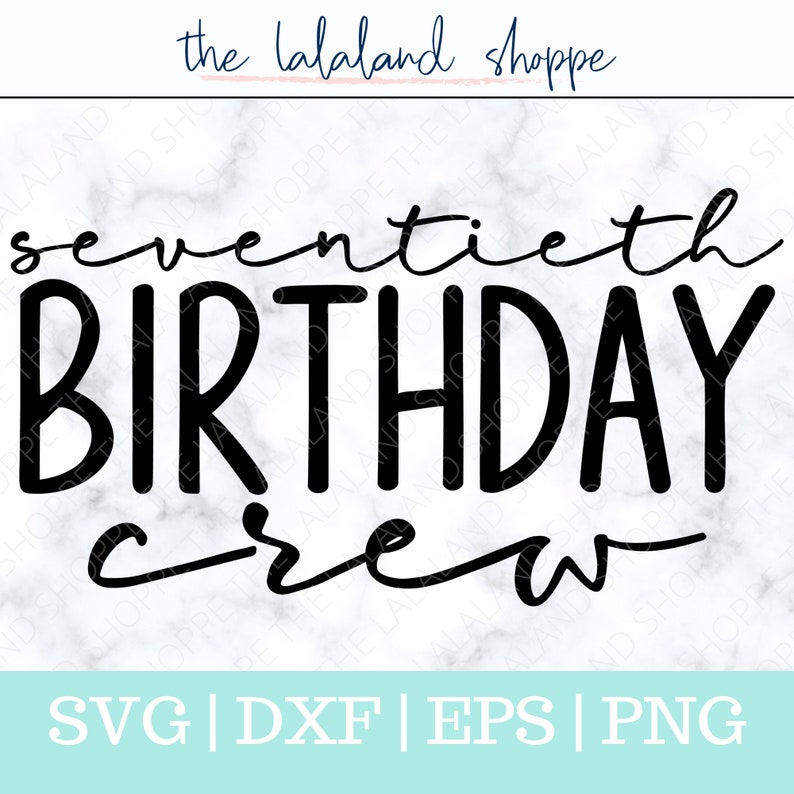 May include: Black and white graphic design with the text "seventieth birthday crew" on a marble background.