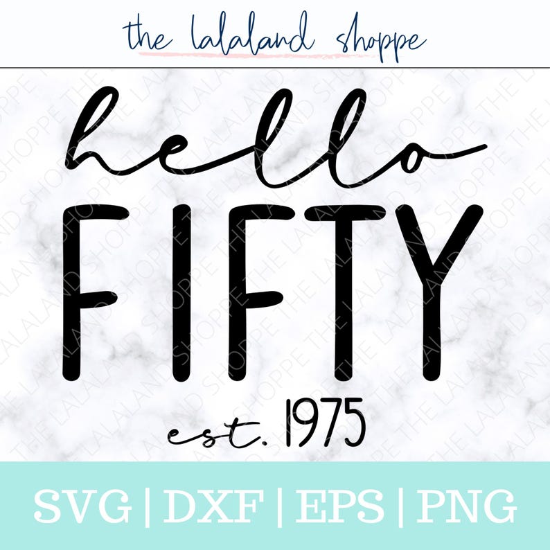 Peut inclure: Conception graphique en noir et blanc avec le texte "hello fifty est. 1975" sur un fond de marbre blanc.