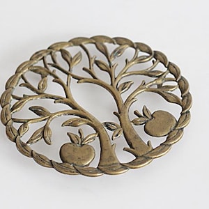 1 old brass coaster, apple tree, apple pot trivet, shabby, industrial