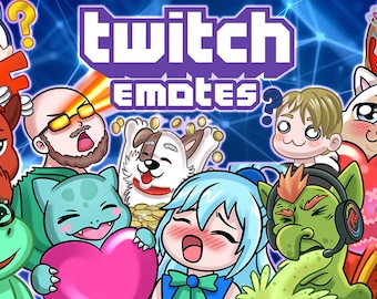 May include: A colorful collage of Twitch emotes, including a blue hedgehog, a red devil, a green dragon, a white dog, a green goblin, a blue-haired anime girl, a man with a beard and glasses, a white cat, and a woman with a crown. The text "Twitch emotes?" is in the center of the image.