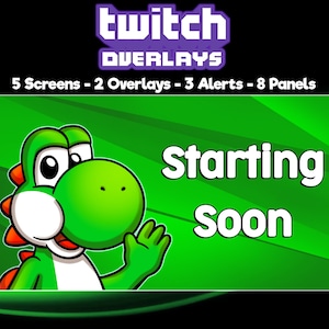 May include: A green cartoon character with large eyes and a red nose waves with one hand. The text "Starting Soon" is written in white on a green background. The text "twitch OVERLAYS" is written in purple on a black background. The text "5 Screens - 2 Overlays - 3 Alerts - 8 Panels" is written in white on a black background.