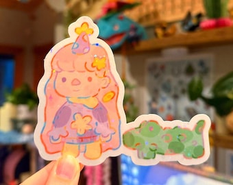 ホログラフィックパステルガールとワニのステッカー - かわいいコテージコアビニール
