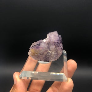 Puede incluir: Un grupo de cristales de fluorita morados y blancos se exhibe sobre un soporte acr&iacute;lico transparente y rectangular. La fluorita tiene una estructura cristalina con algunos tonos amarillos. El fondo es gris oscuro.