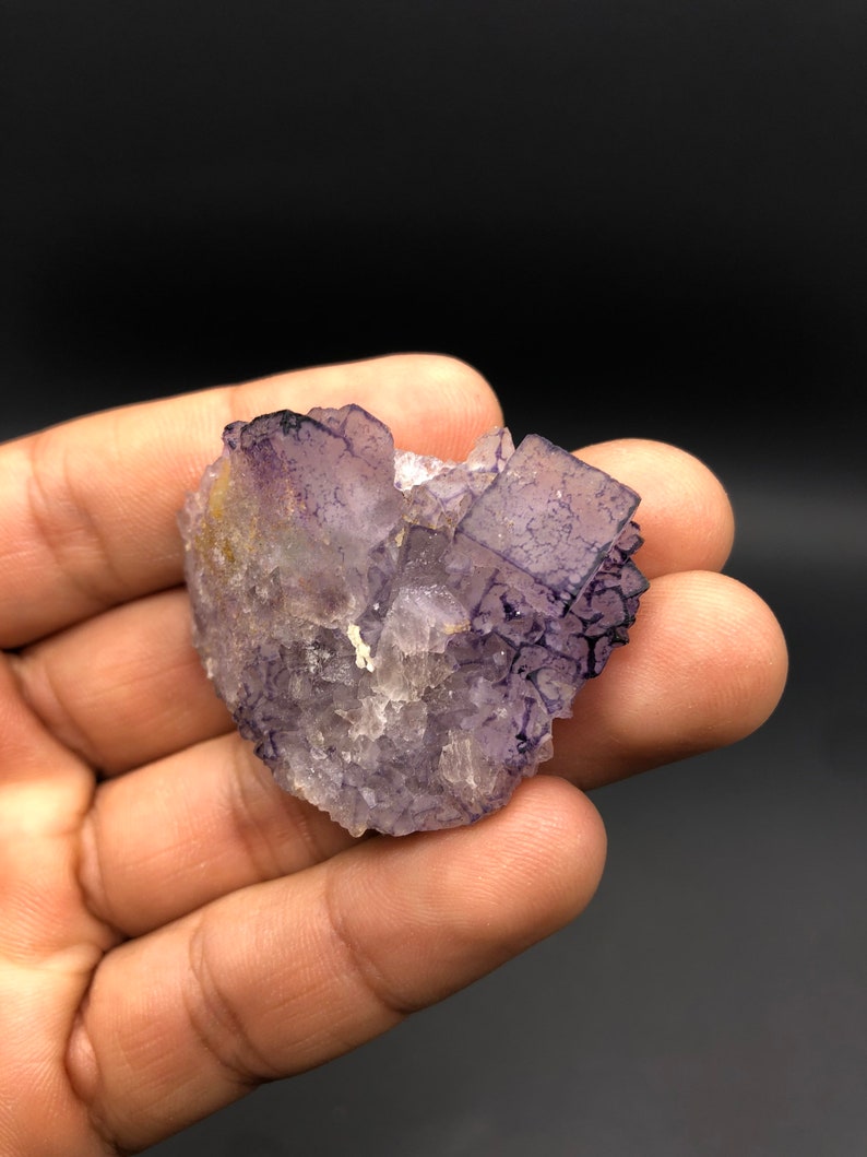 Puede incluir: Primer plano de un grupo de cristales de fluorita. El cristal es una mezcla de secciones transl&uacute;cidas moradas y claras, con una superficie rugosa y texturizada. El cristal se sostiene en una mano sobre un fondo oscuro.
