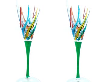 ムラーノガラス シャンパンフルート ペア マルチカラー レッドステム