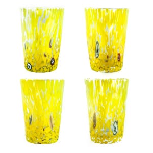 Set of Four 4 Murano Glass Drinking Art Tumblers Yellow Hand Made Millefiori