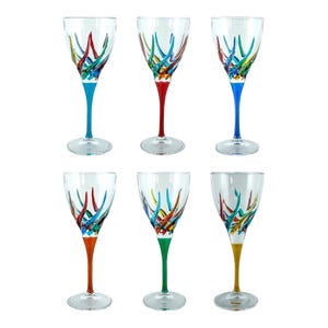 Set of Six 6 Murano Wine Glass Hand Painted Multi Blue Red Green