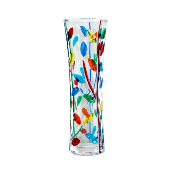 Glass Vase Multi Coloured Orange Black Blue Red Yellow Flower Hand Made Millefiori 19cm High Murano Style Laurus