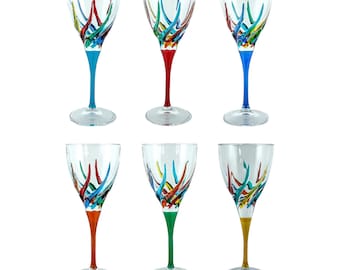 ムラーノワイングラス 6個セット 手描き マルチブルー レッド グリーン