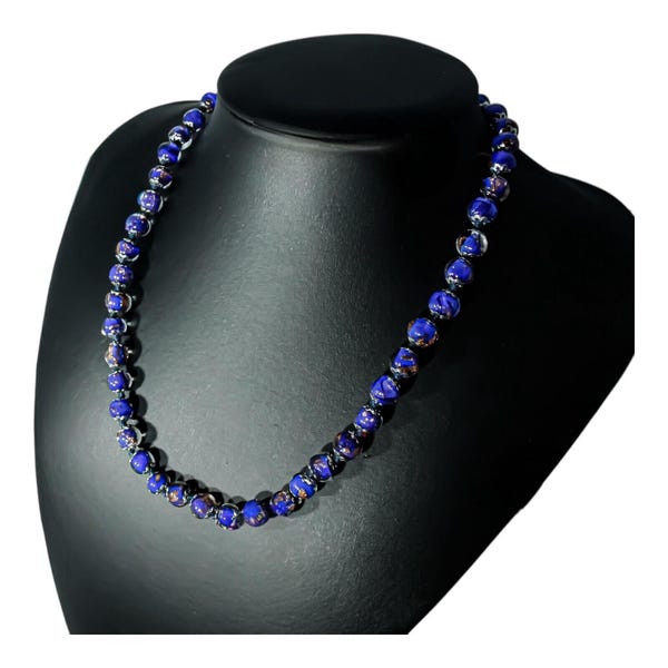 Murano Glass Necklace Blue Bronze 42 Beads Sommerso 46cm Venice