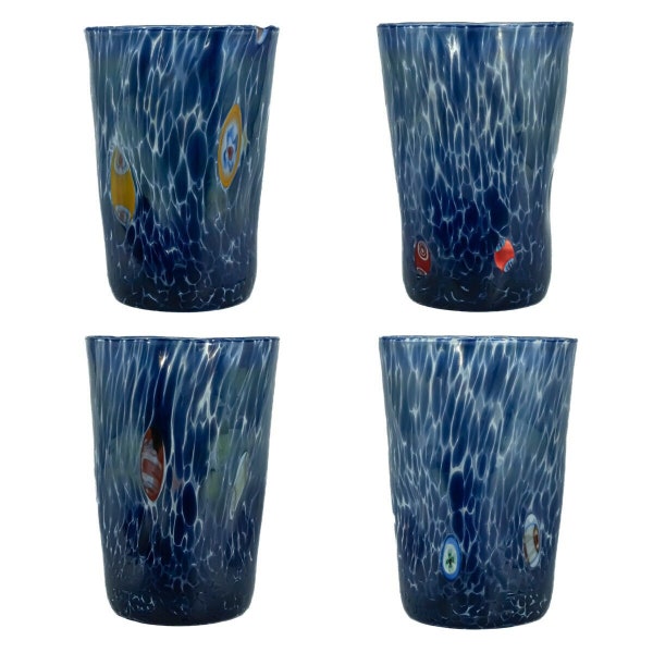 Set of Four 4 Murano Glass Drinking Art Tumblers Blue Hand Made Millefiori