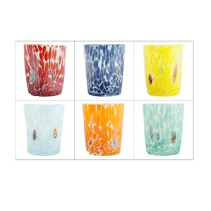Murano Glass Drinking Art Single Tumbler Red Green Orange Yellow Blue Handmade Millefiori from Venice Italy 10cm