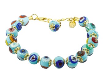 Murano Glass Bracelet Blue Multi and Gold Millefiori Venice 15 Beads