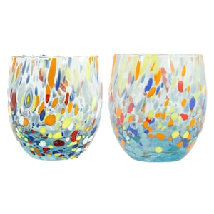 Pair of Murano Glasses Drinking Tumblers Set 2 Light Blue Orange Red Millefiori
